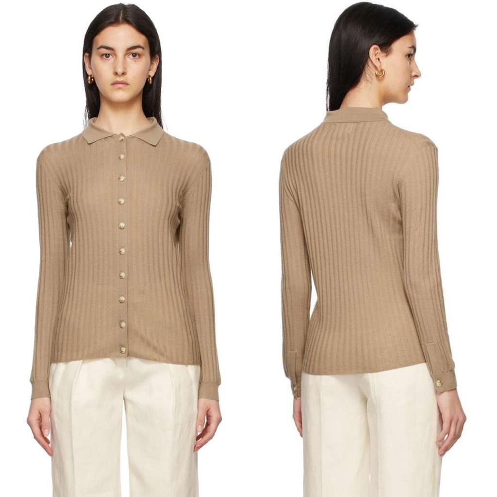 Loulou Studio Brown Cashmere Sulug Long Sleeve Polo Mocha Mlange Size Small